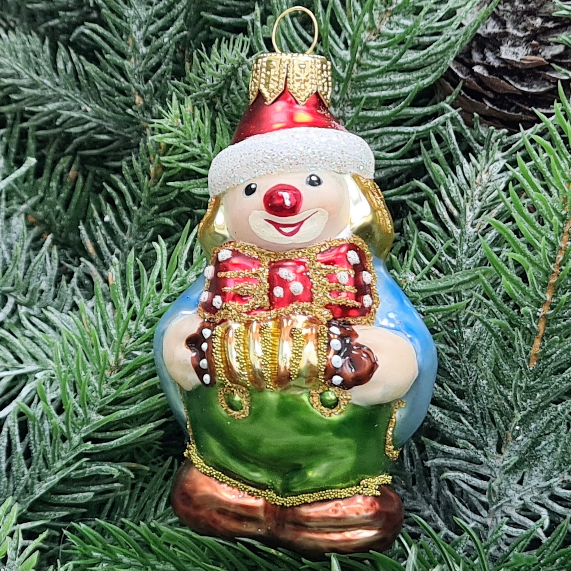 фото Стеклянная елочная игрушка Клоун с гармошкой