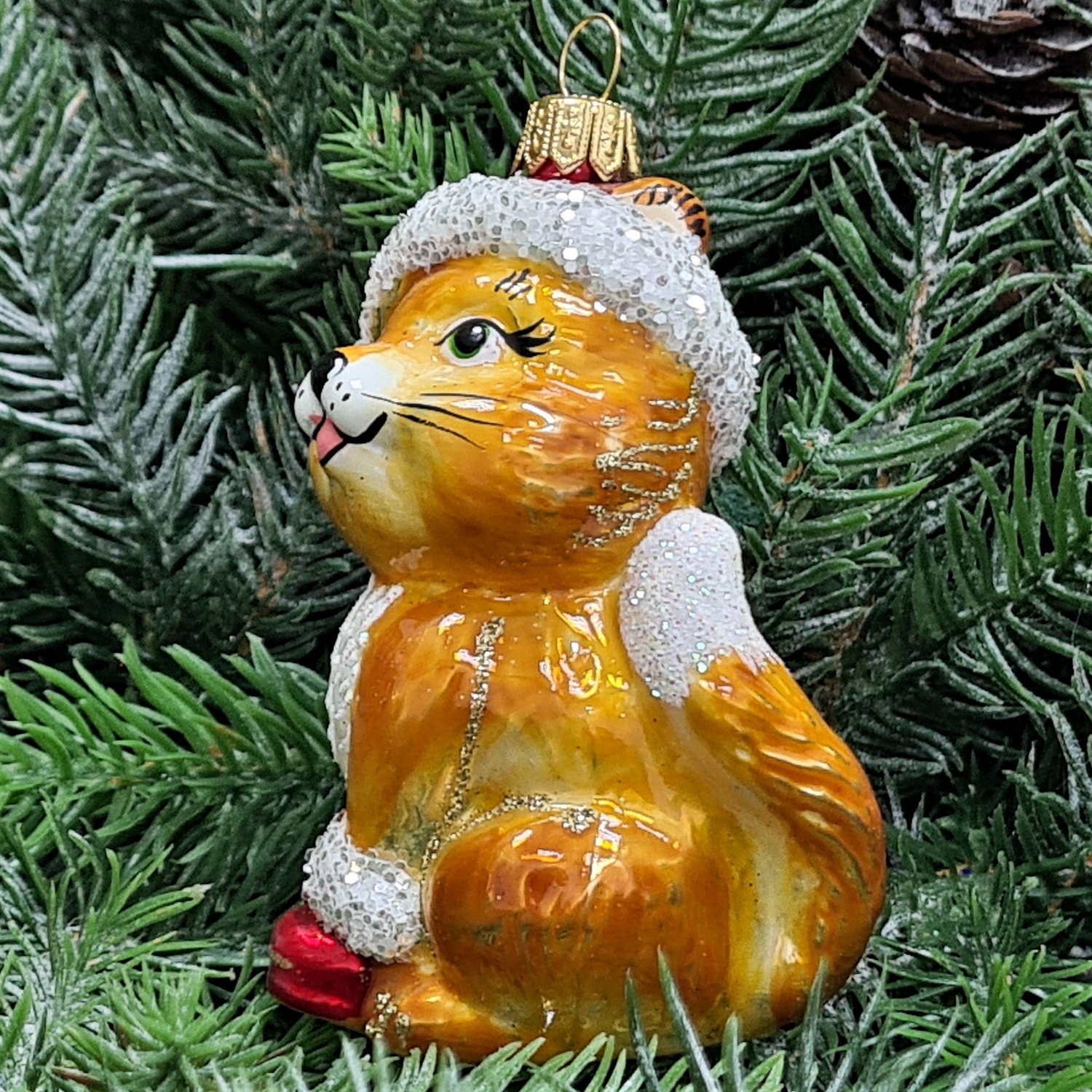 фото Стеклянная елочная игрушка Котенок Санта