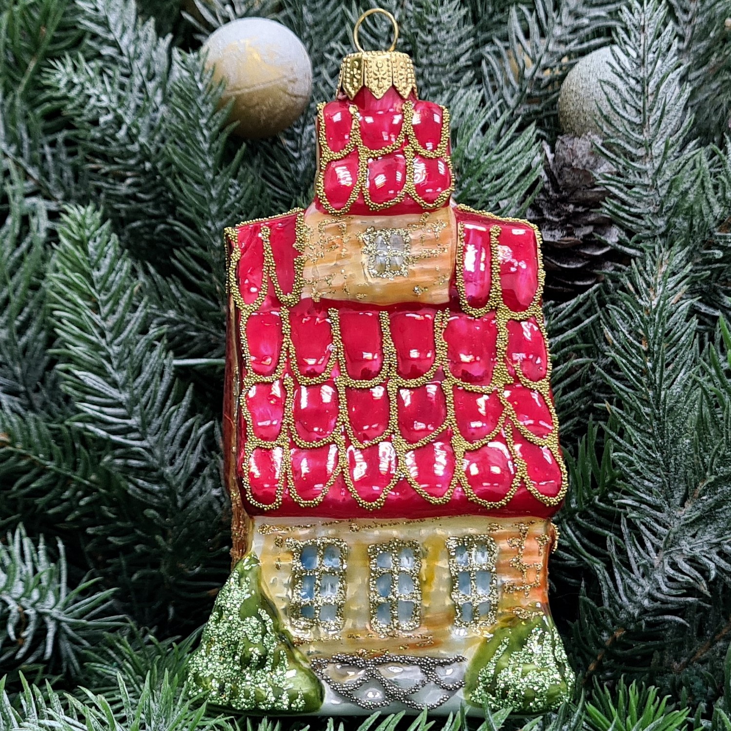 фото Стеклянная елочная игрушка Домик с острой крышей