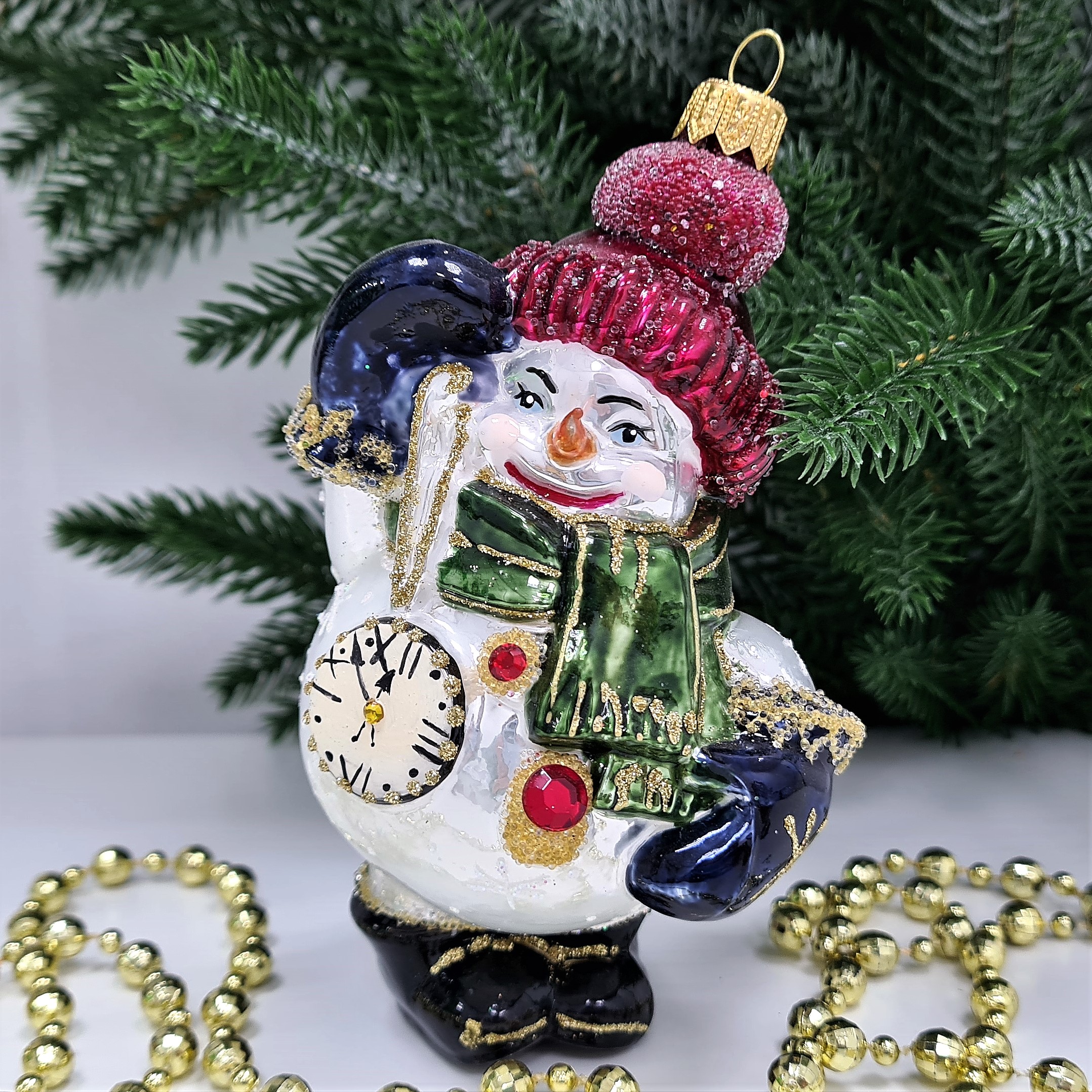 фото Стеклянная елочная игрушка Снеговик с часиками