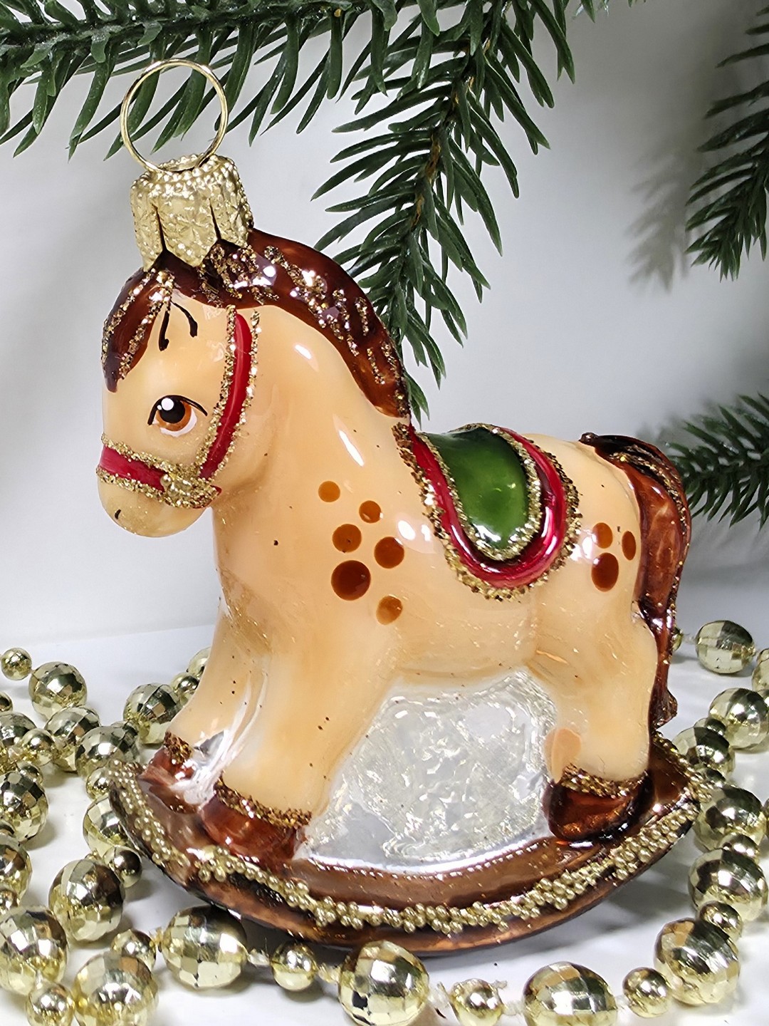 фото Стеклянная елочная игрушка Лошадка качалка малая