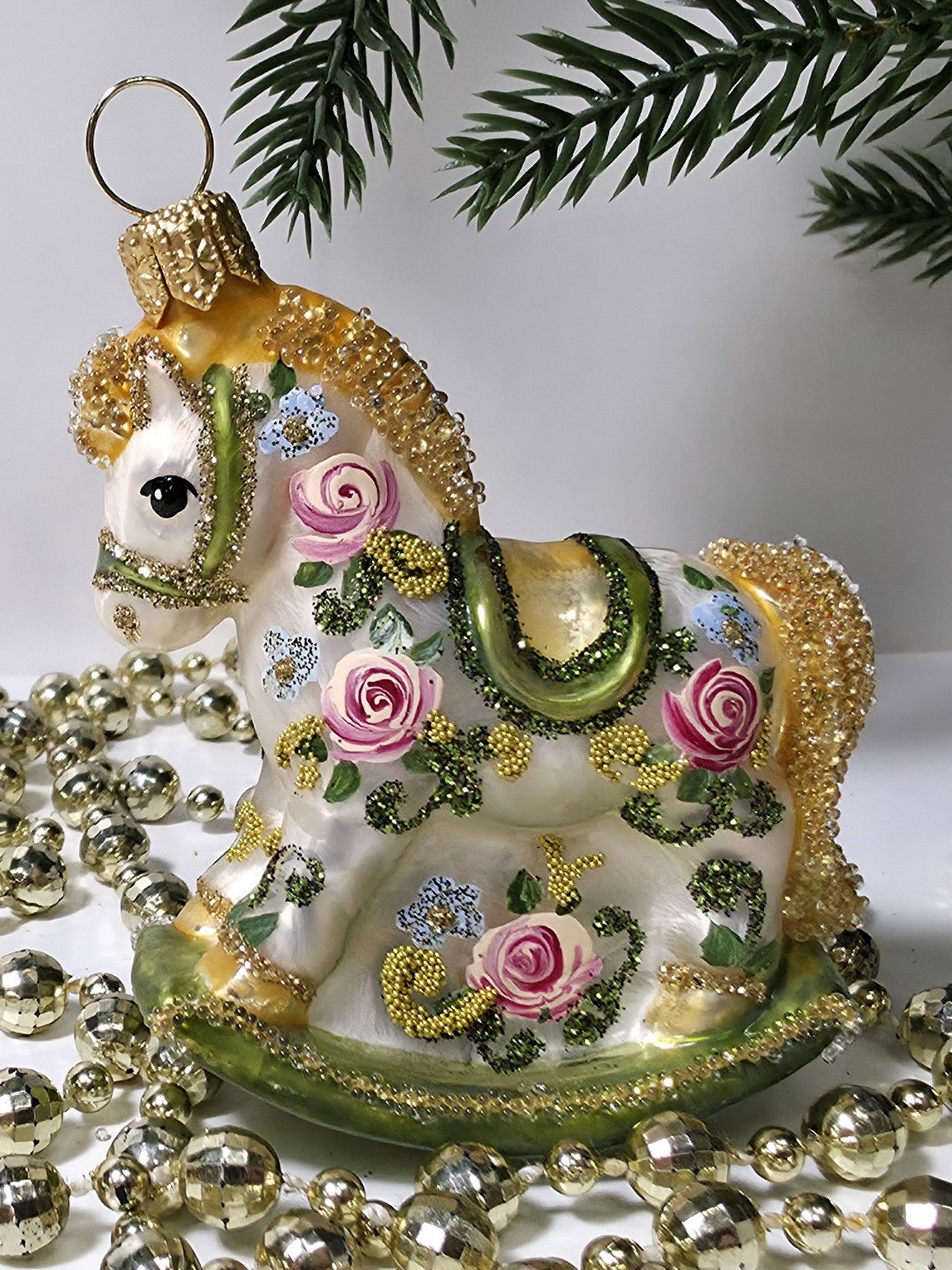 фото Стеклянная елочная игрушка Лошадка качалка Версаль