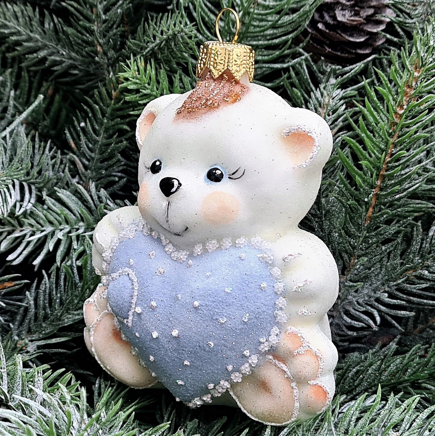 фото Стеклянная елочная игрушка Мишка с сердцем