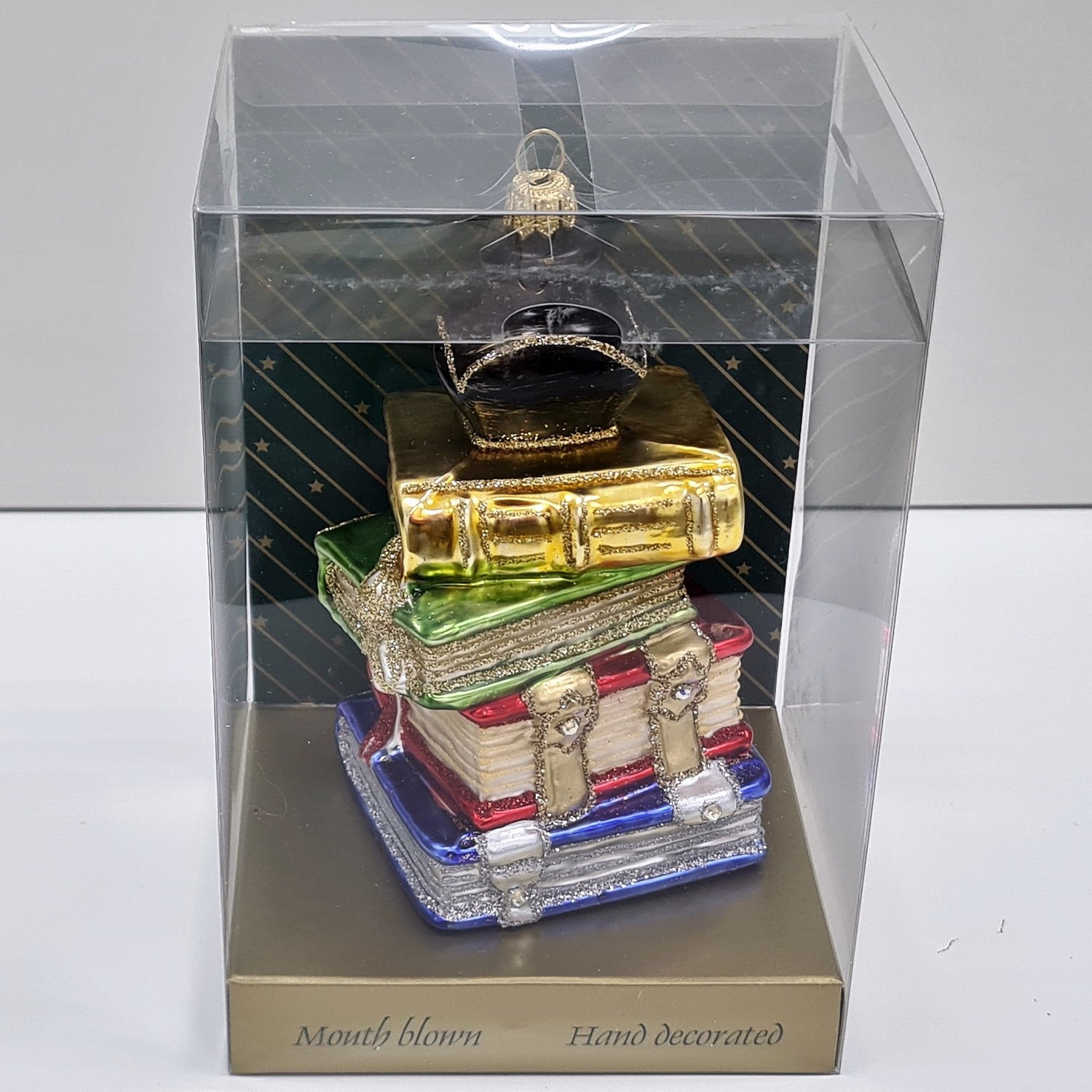 фото Стеклянная елочная игрушка Стопка книг цветная