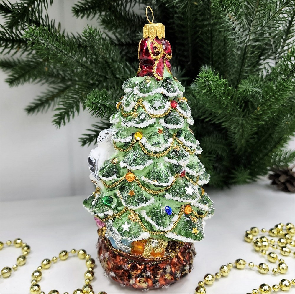 фото Стеклянная елочная игрушка Елка с совой и звездой