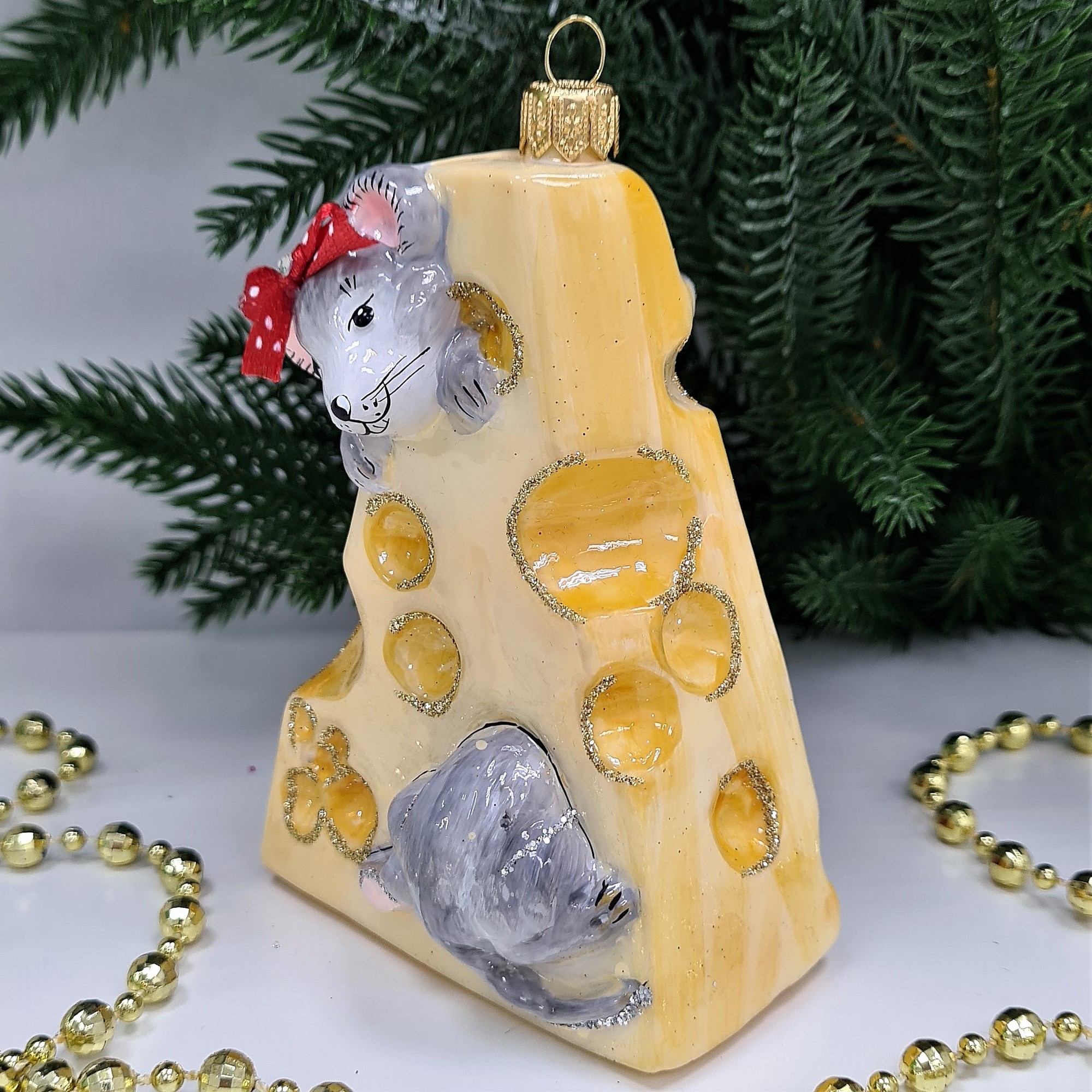 фото Стеклянная елочная игрушка Мышки в сыре