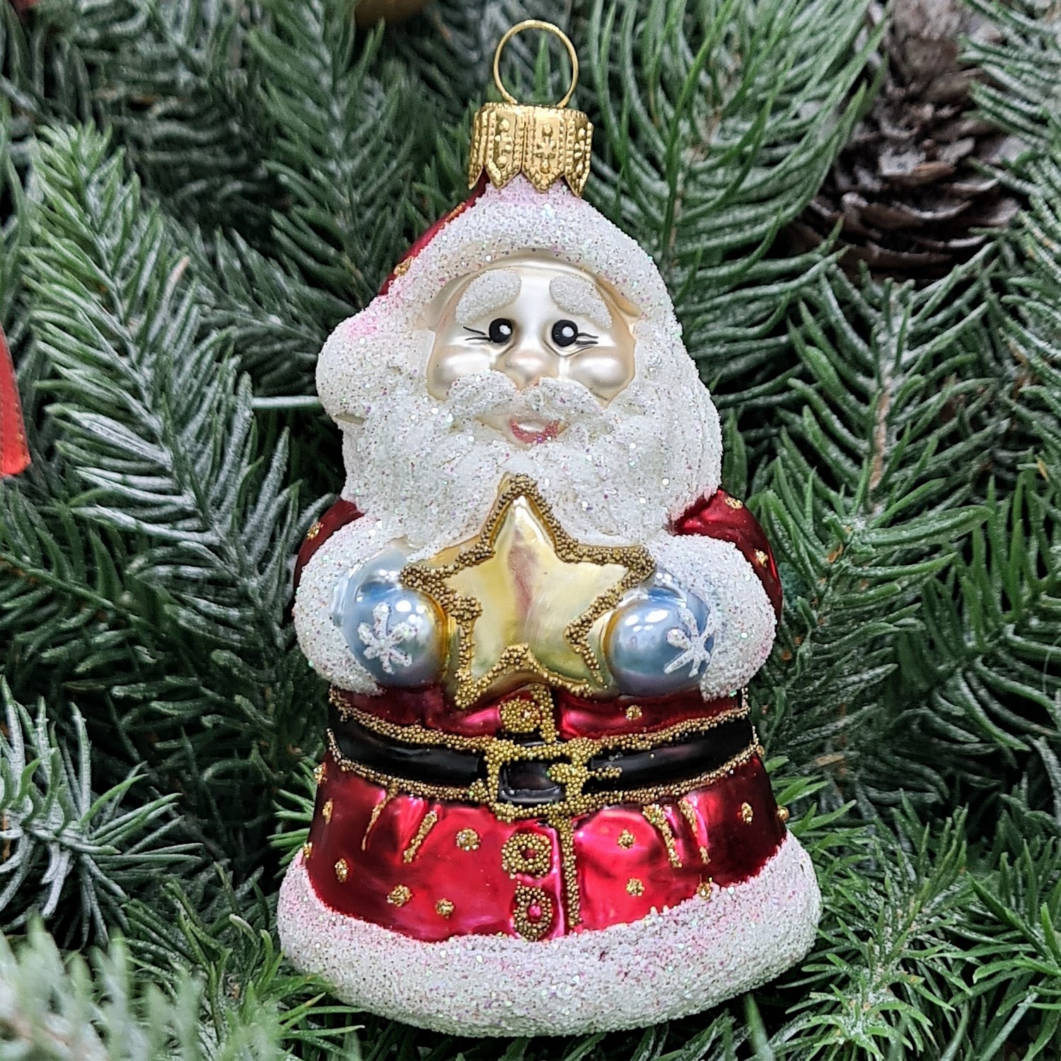 фото Стеклянная елочная игрушка Дед Мороз со звездой