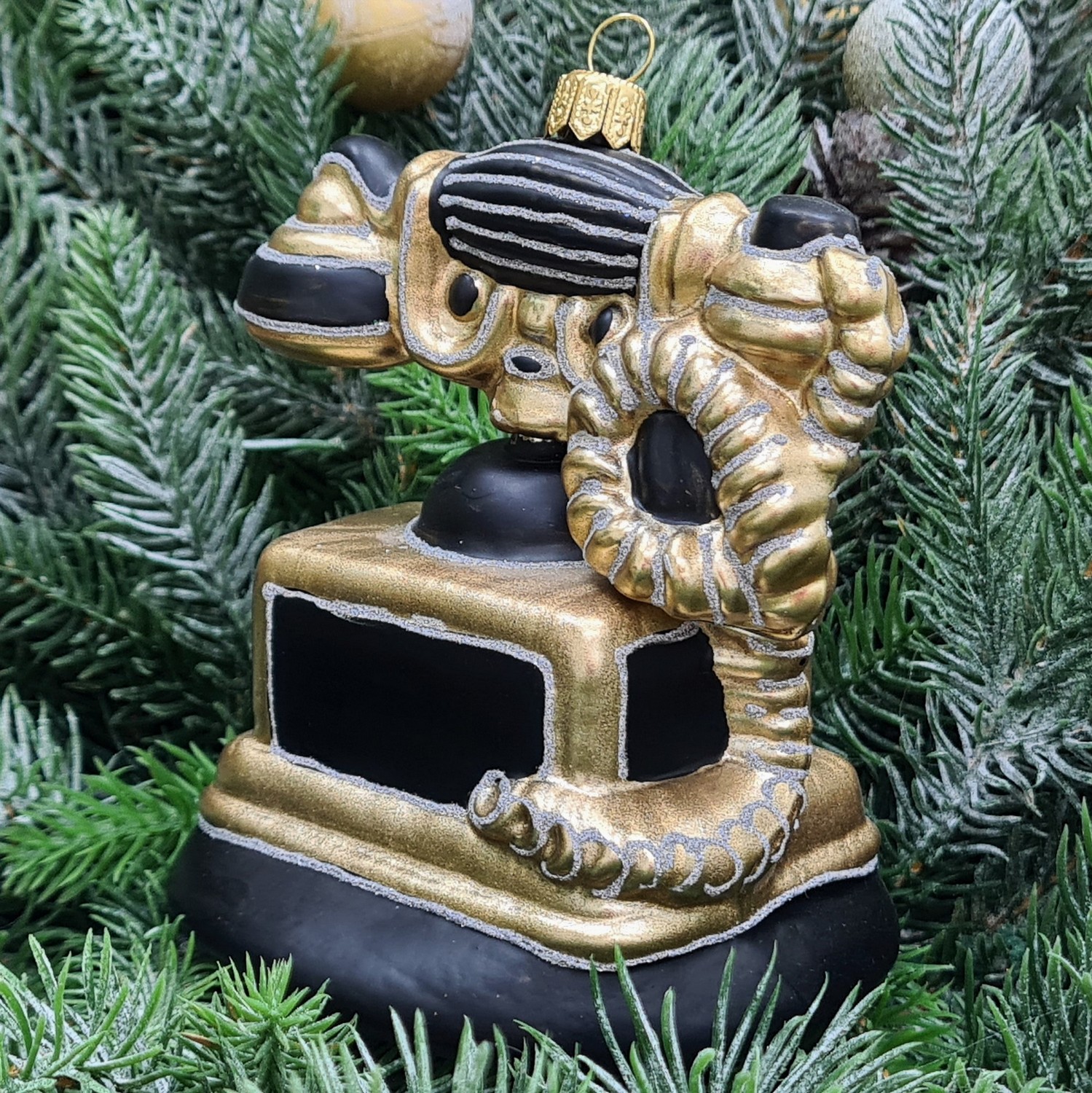 фото Стеклянная елочная игрушка Ретро телефон черный с золотом