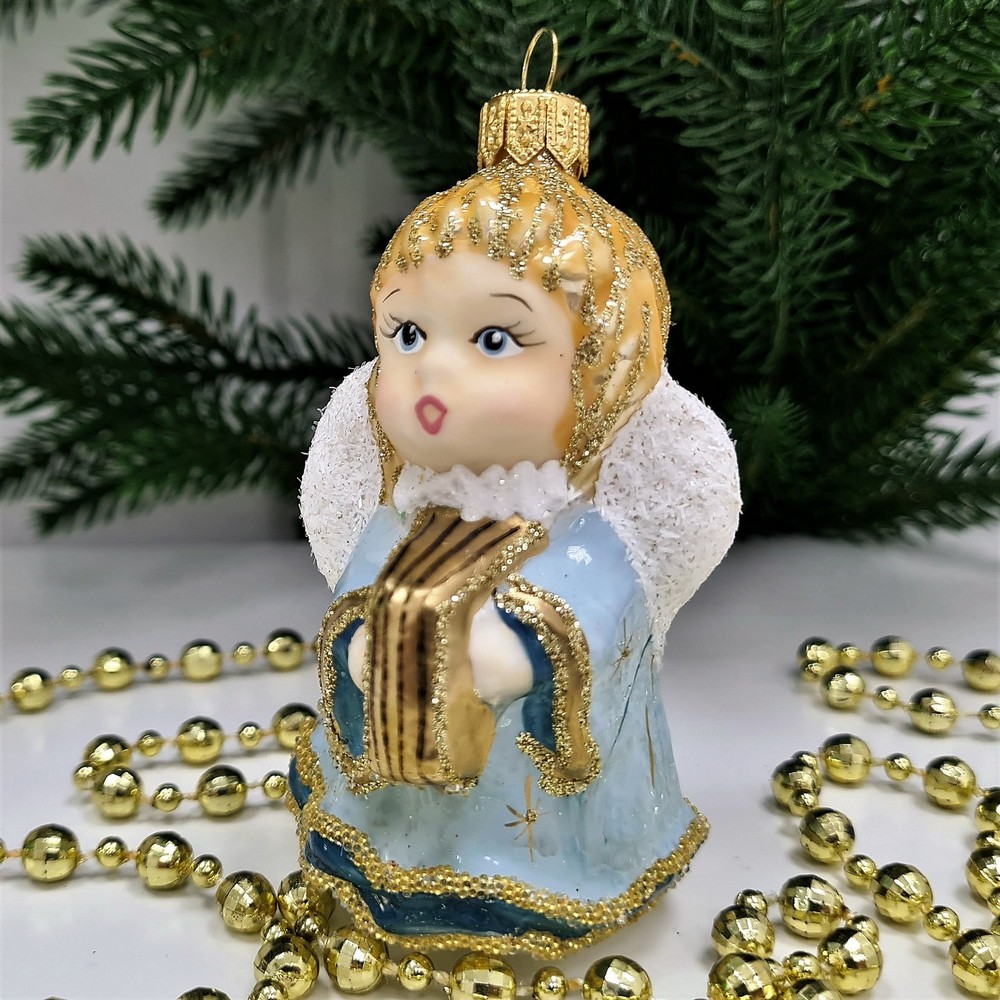 фото Стеклянная елочная игрушка Ангелочек с книгой