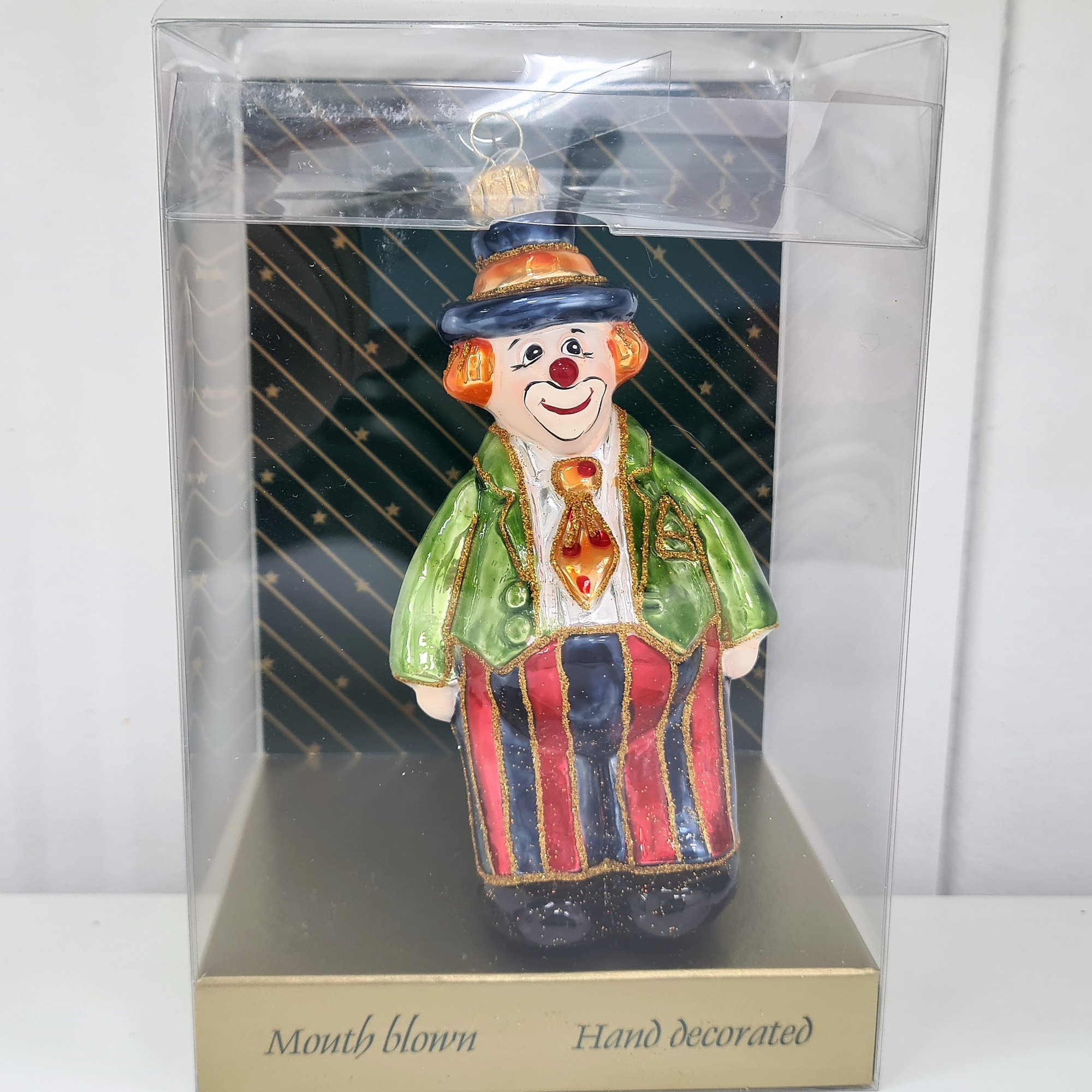 фото Стеклянная елочная игрушка Клоун в галстуке