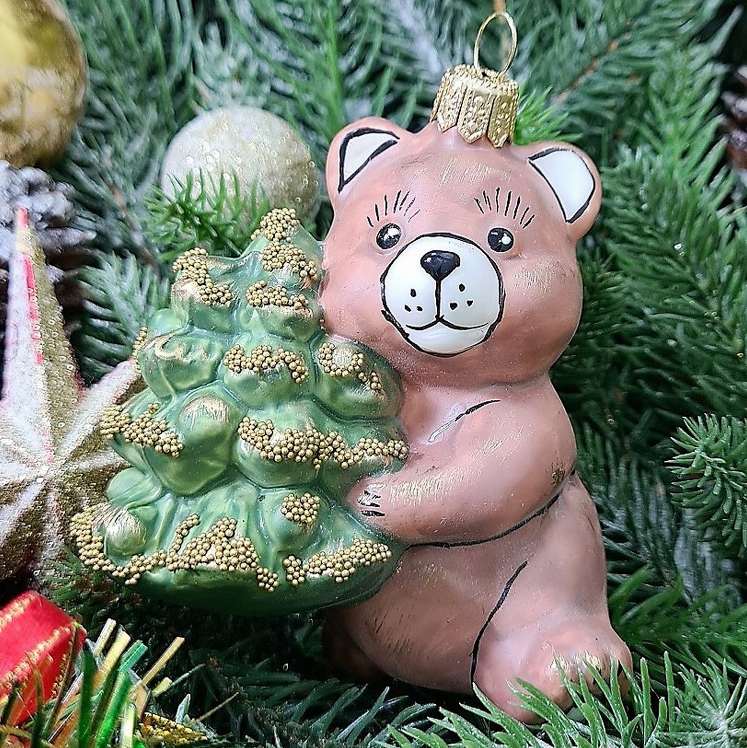 фото Стеклянная елочная игрушка Мишка с елкой винтаж