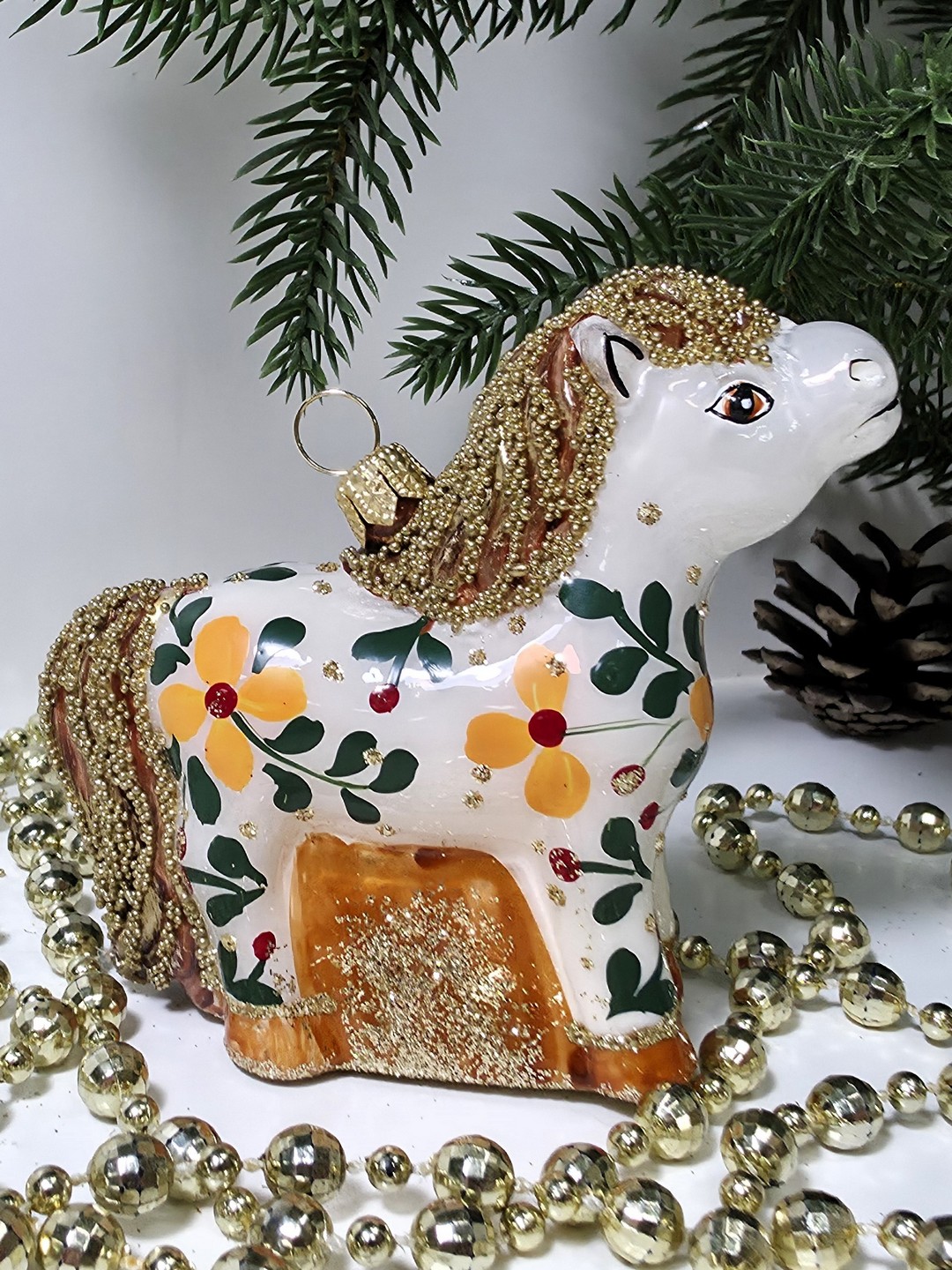 фото Стеклянная елочная игрушка Лошадка расписная