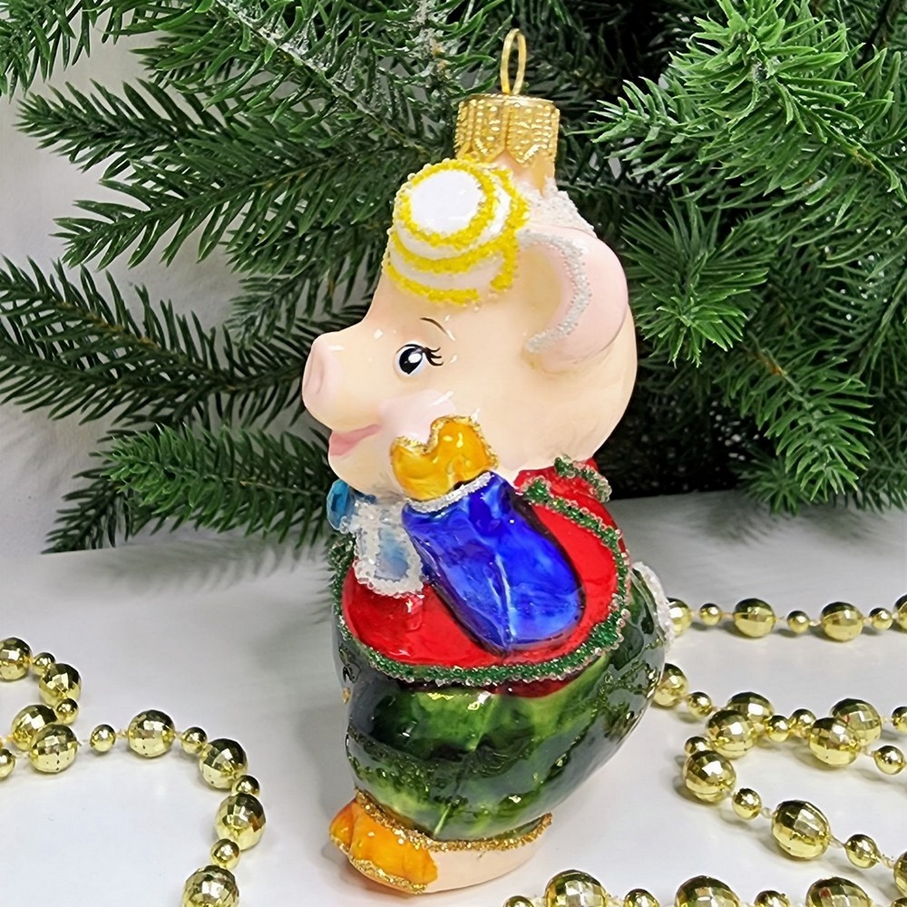 фото Стеклянная елочная игрушка Поросенок в шляпке