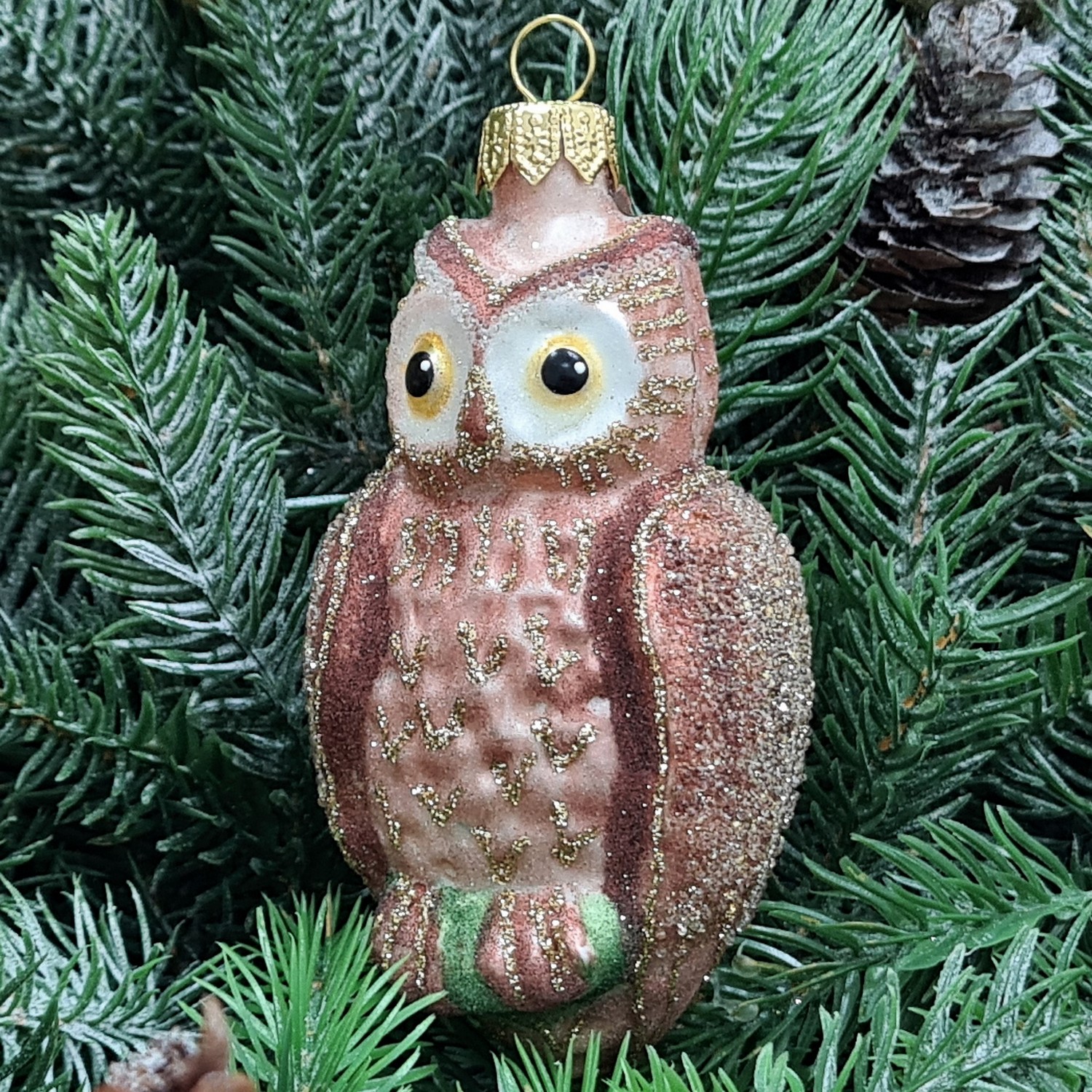 фото Стеклянная елочная игрушка Сова коричневая