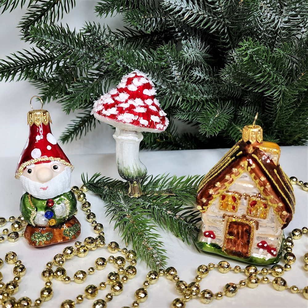 фото Набор ёлочных игрушек Гномик, домик и грибок