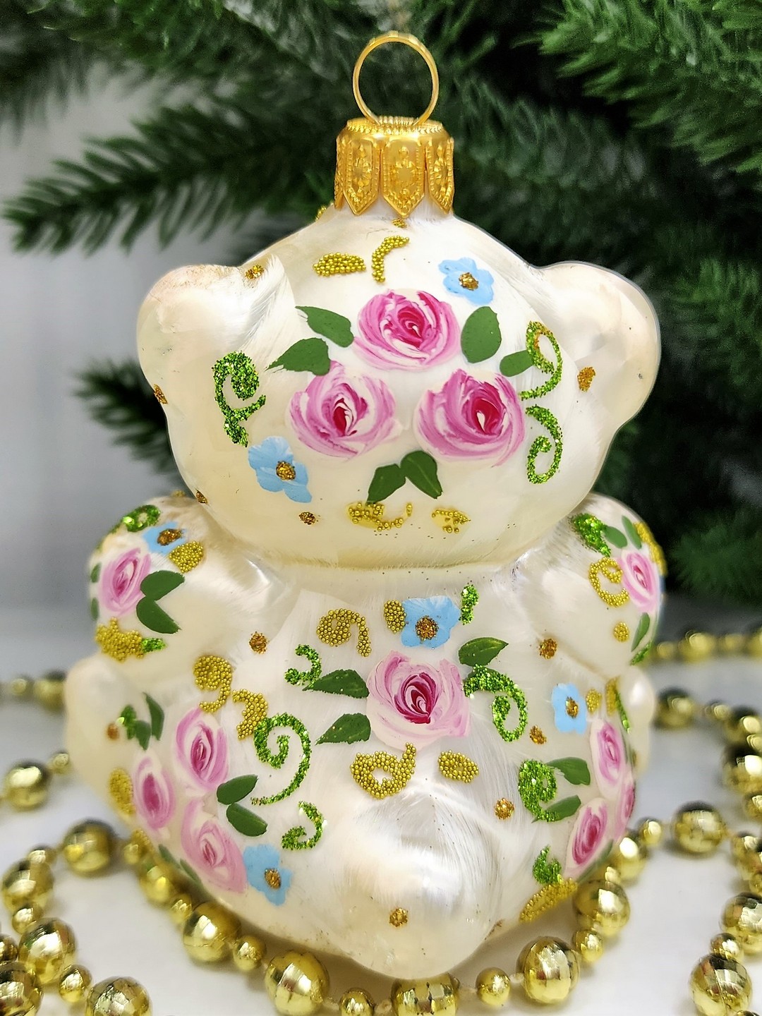 фото Стеклянная елочная игрушка Мишка с сердцем Версаль