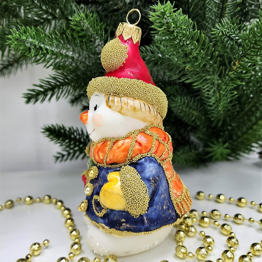 фото Стеклянная елочная игрушка Снеговик с елкой винтаж