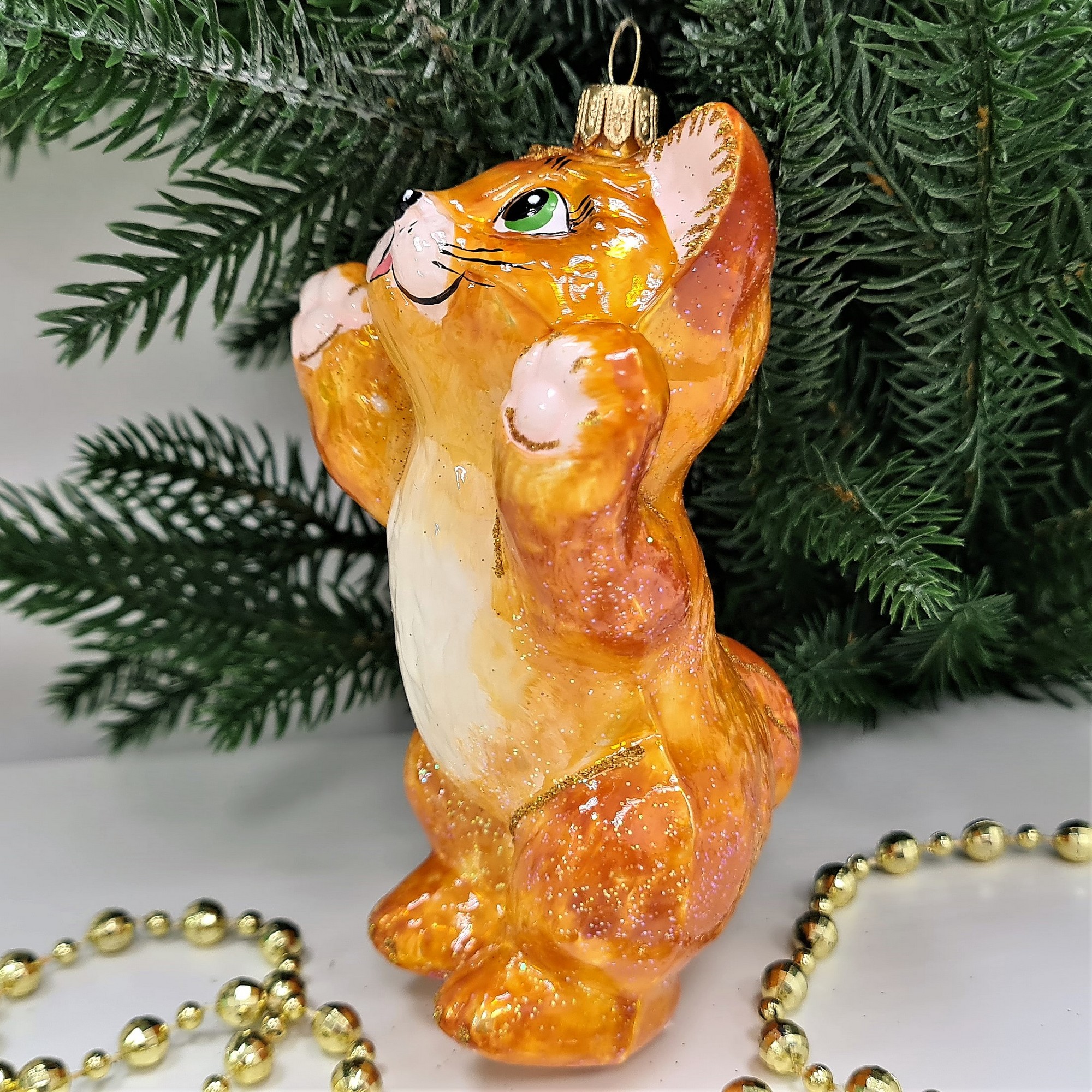 фото Стеклянная елочная игрушка Рыжий котик