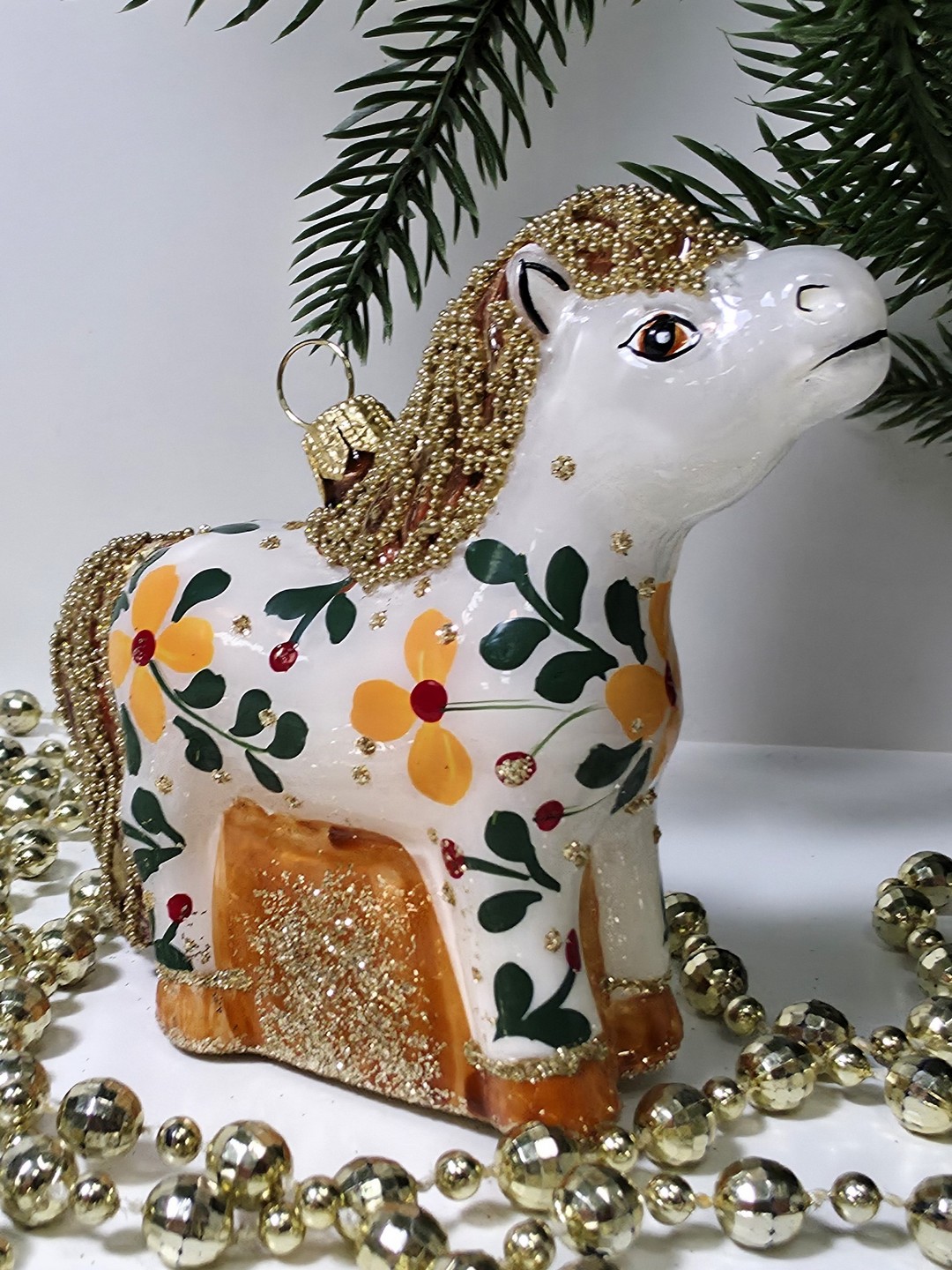 фото Стеклянная елочная игрушка Лошадка расписная