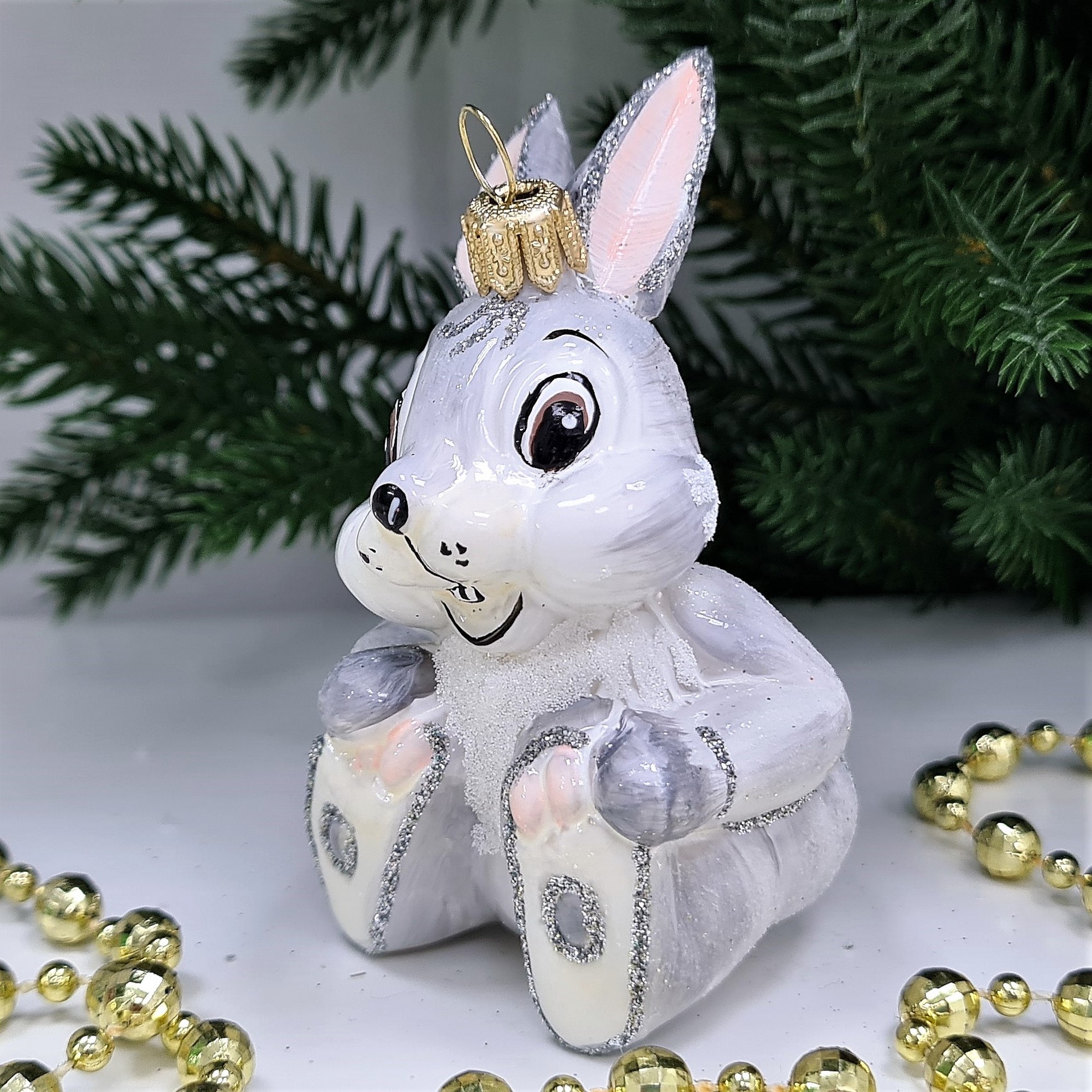 фото Стеклянная елочная игрушка Зайчик из Бемби