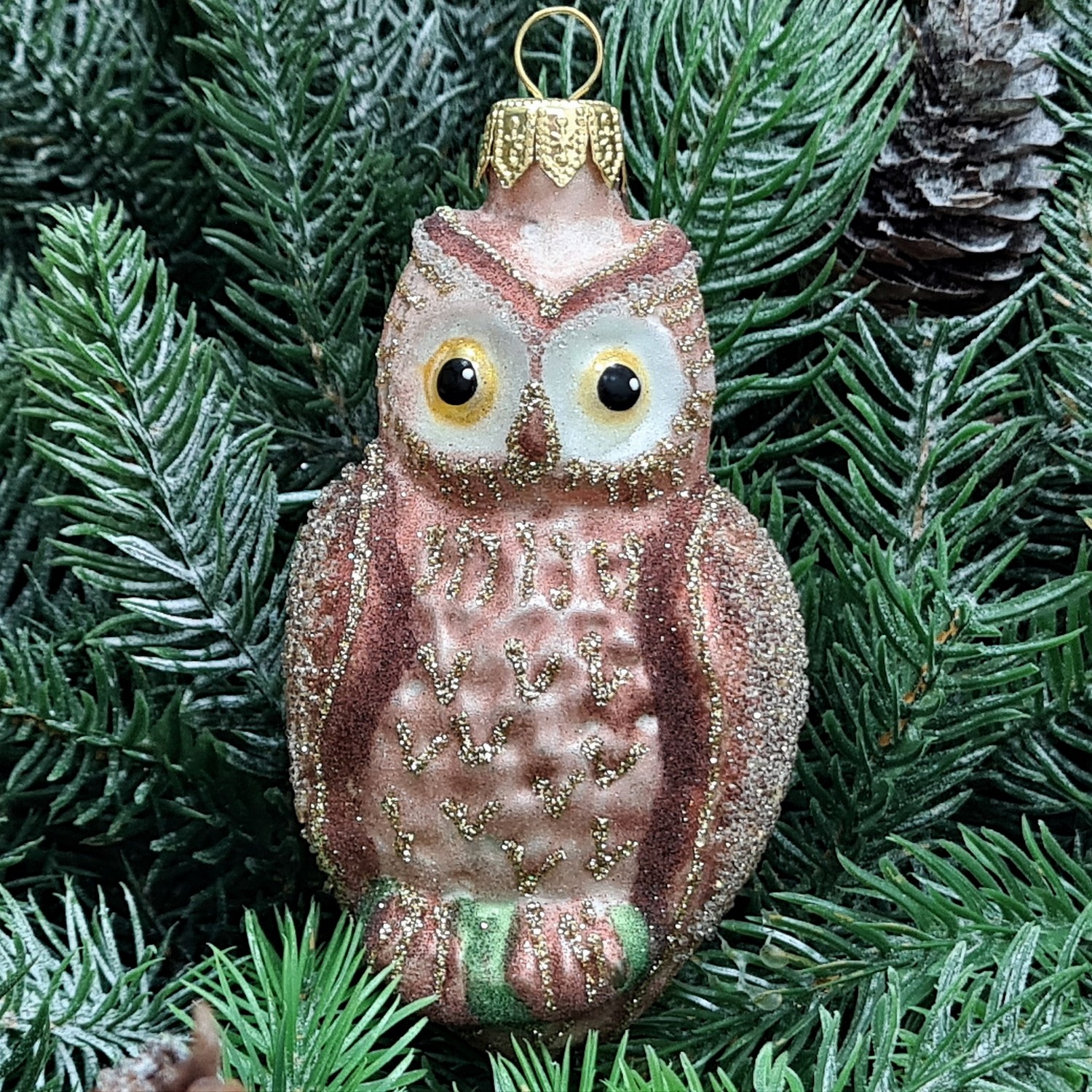 фото Стеклянная елочная игрушка Сова коричневая