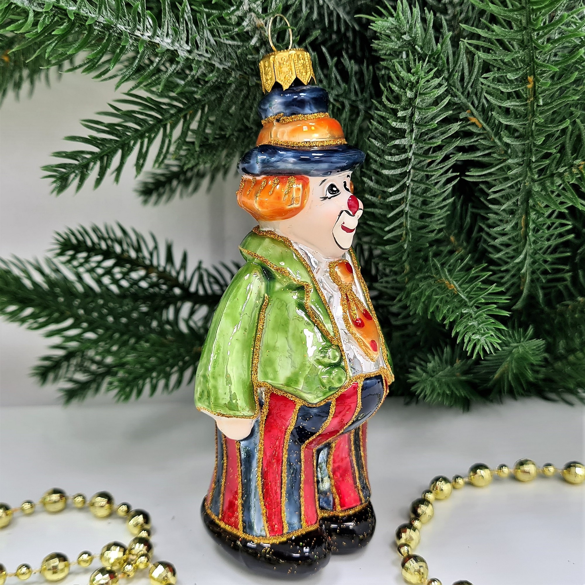 фото Стеклянная елочная игрушка Клоун в галстуке