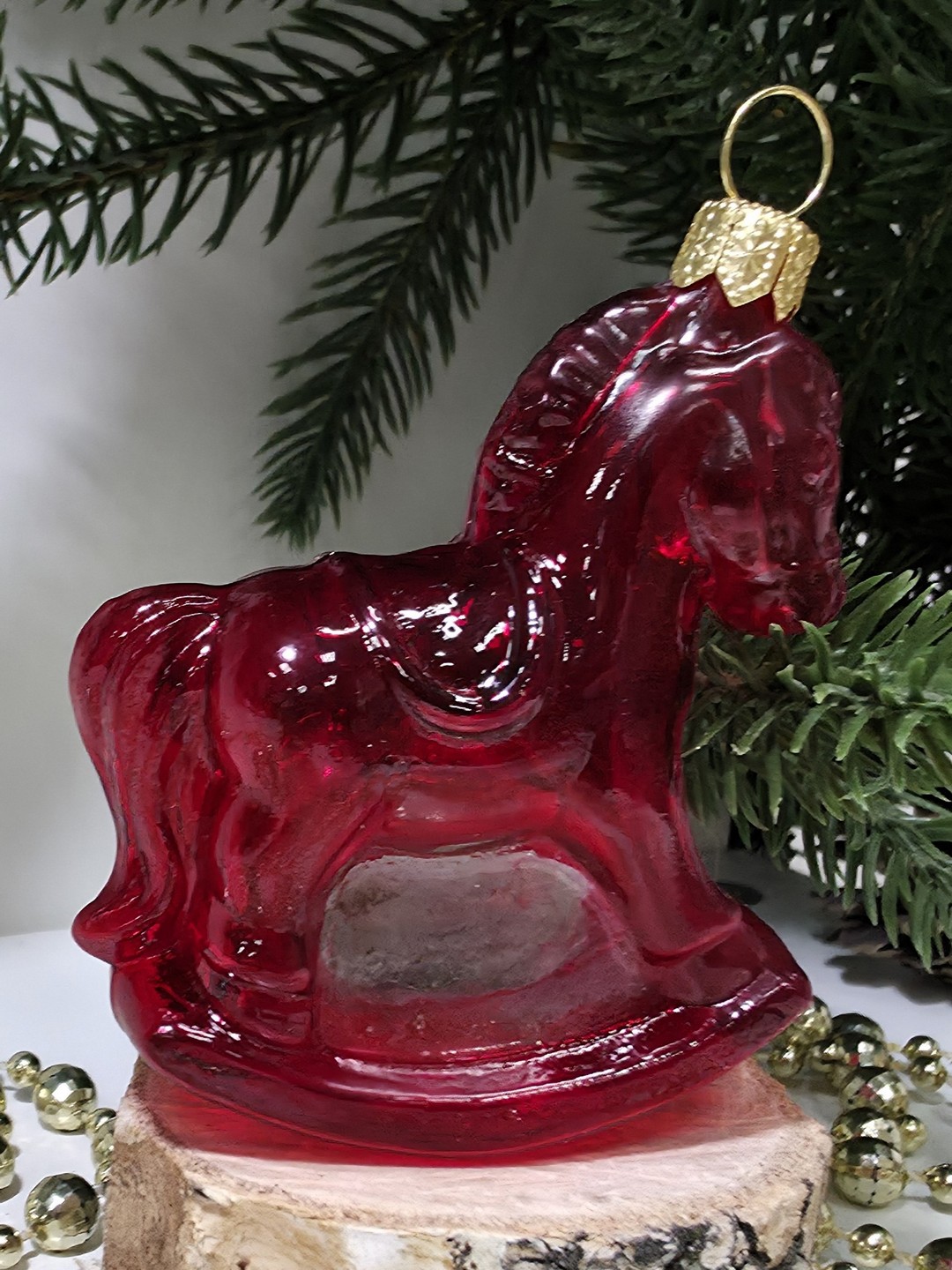 фото Стеклянная елочная игрушка Лошадка качалка малая красная