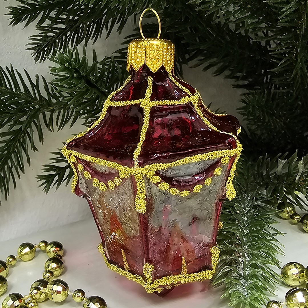 фото Стеклянная елочная игрушка Фонарик красный