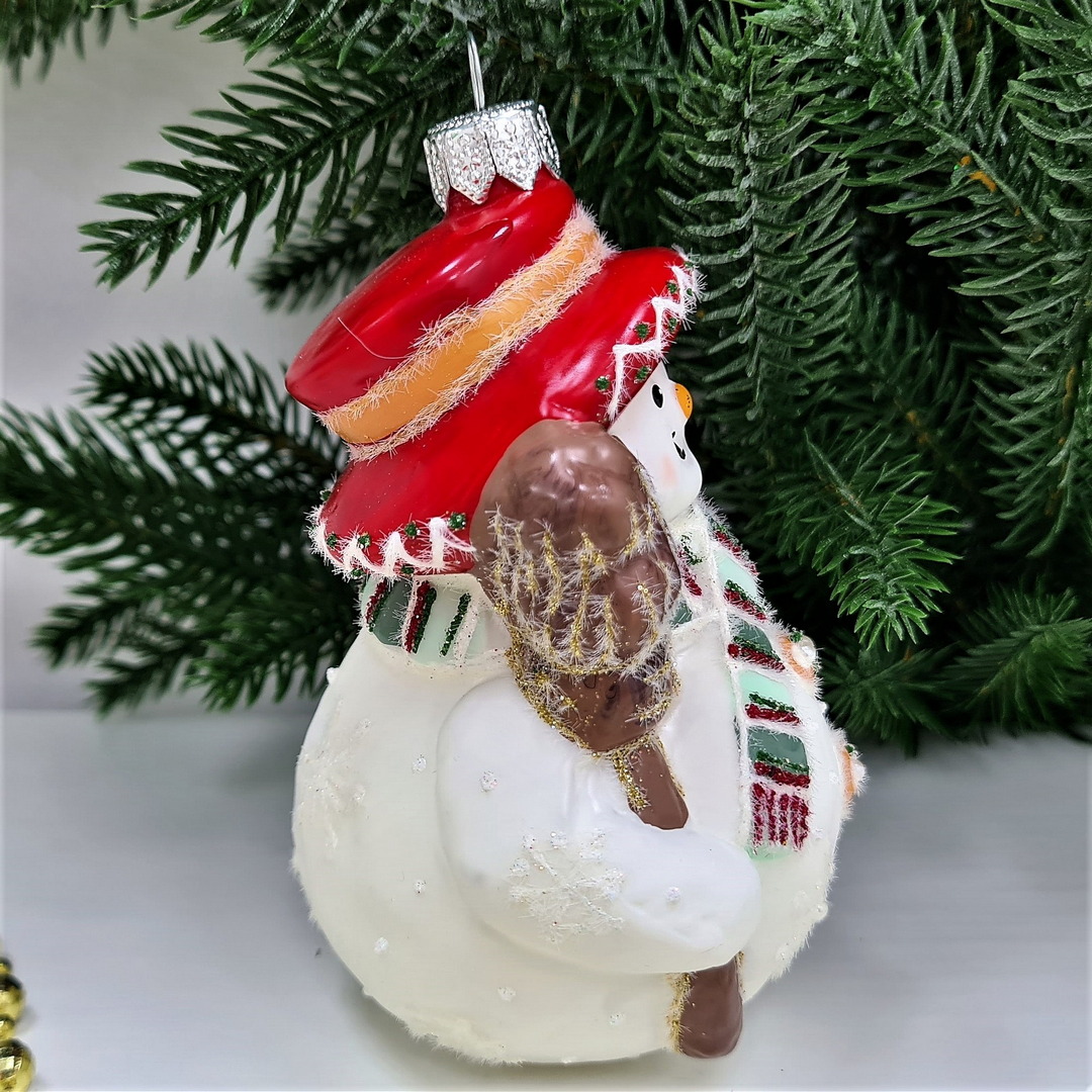 фото Стеклянная елочная игрушка Снеговик с метлой