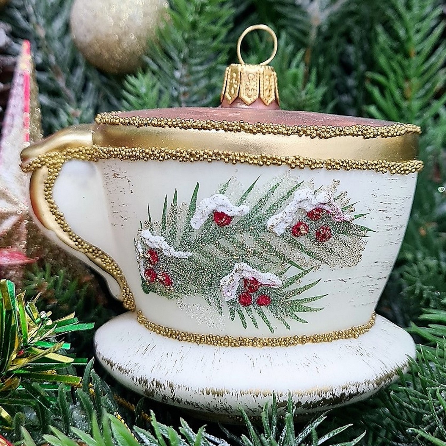 фото Стеклянная елочная игрушка Чашка винтаж