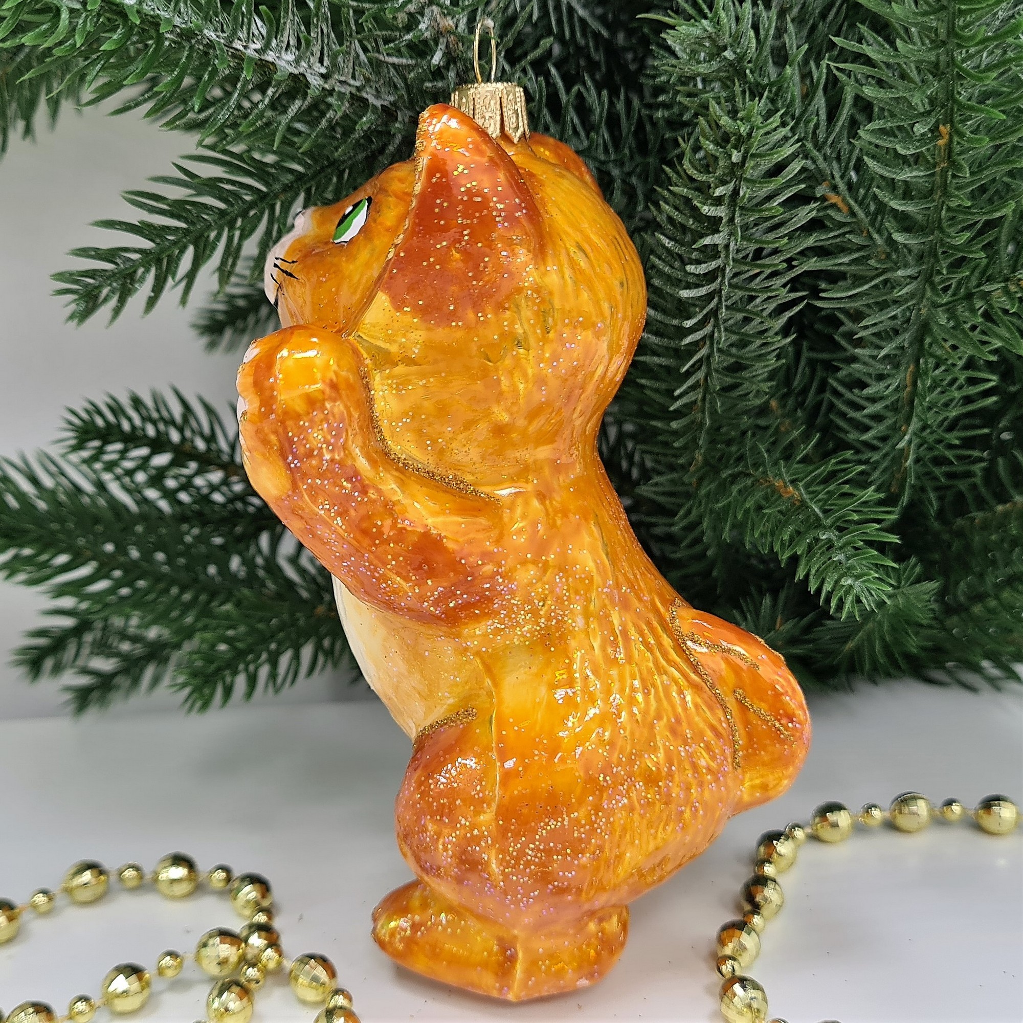 фото Стеклянная елочная игрушка Рыжий котик