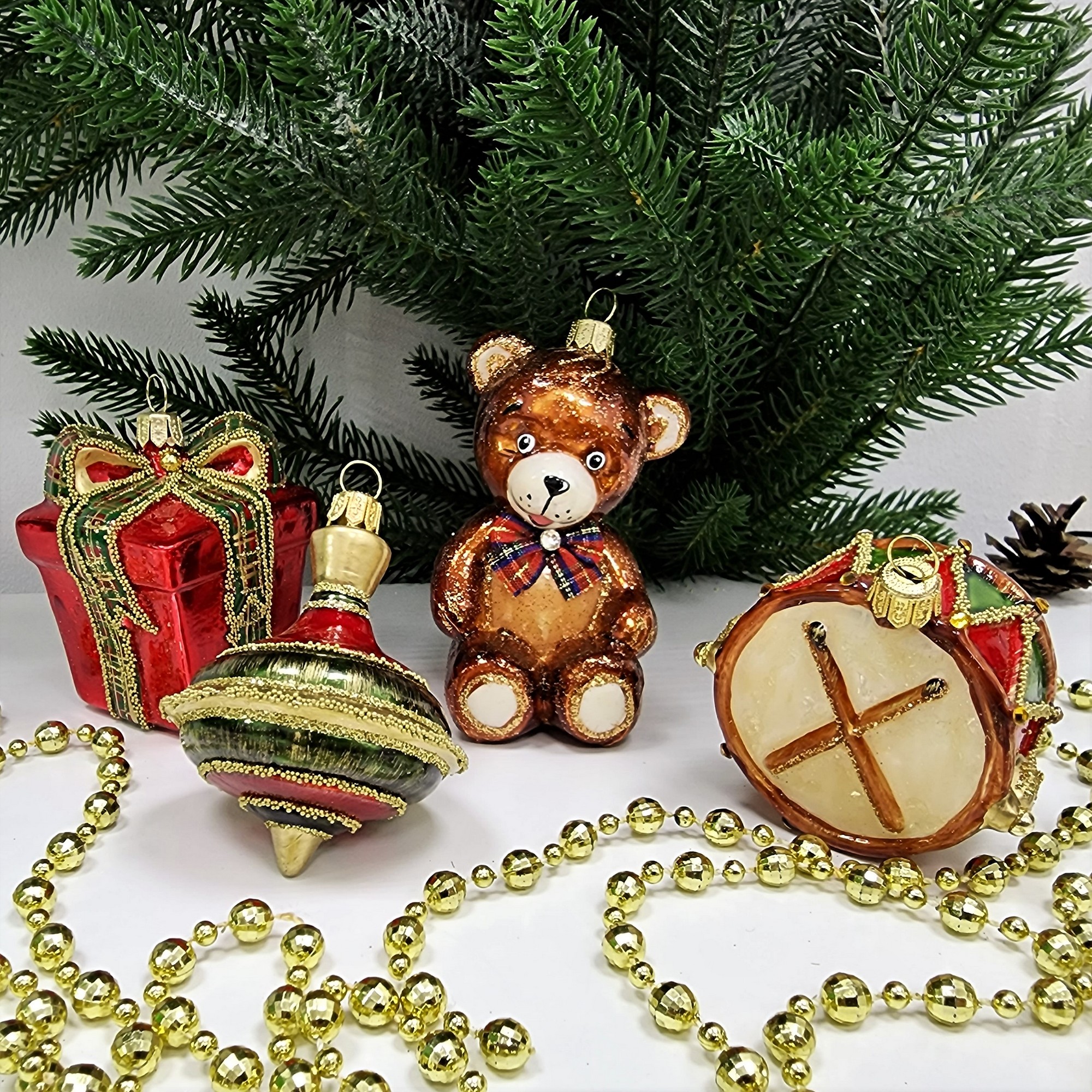 фото Набор ёлочных игрушек Мишка, юла, барабан и подарок