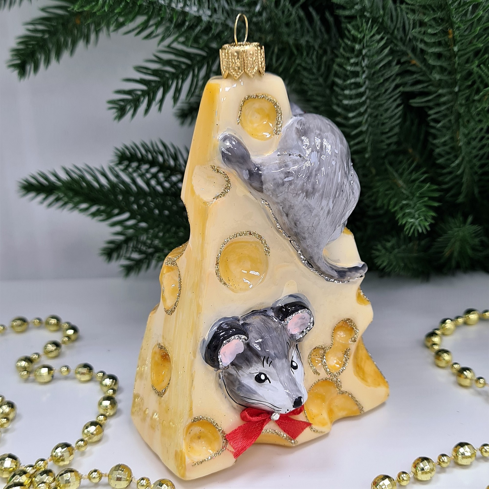 фото Стеклянная елочная игрушка Мышки в сыре