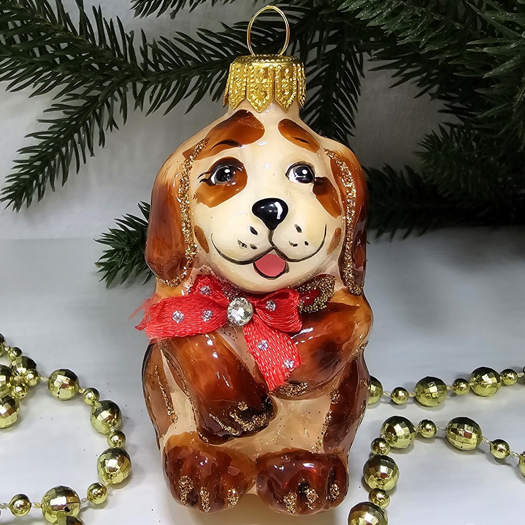 фото Стеклянная елочная игрушка Щенок рыжий