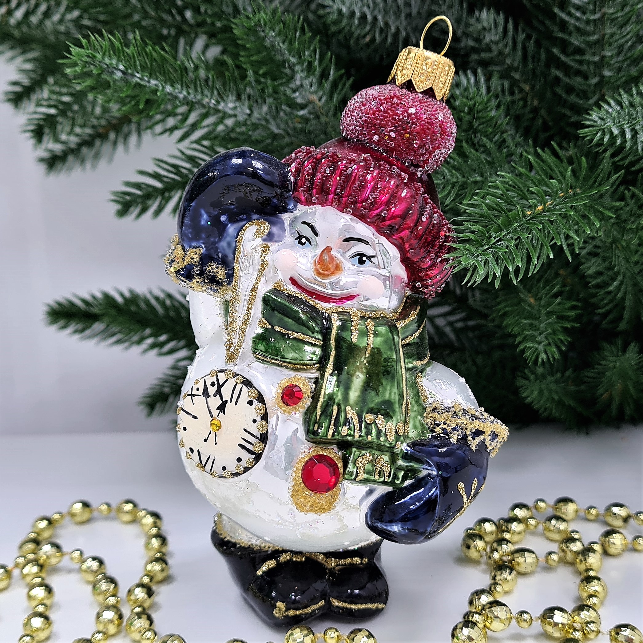 фото Стеклянная елочная игрушка Снеговик с часиками