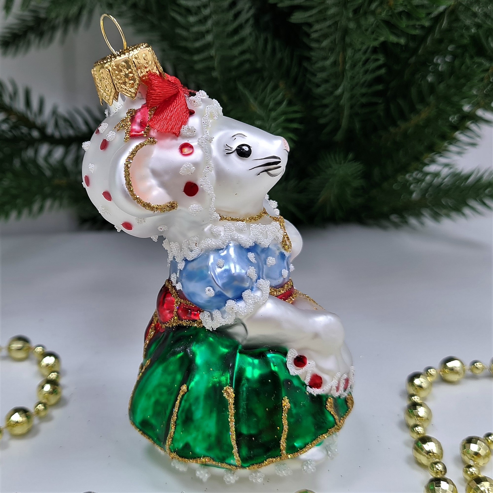 фото Стеклянная елочная игрушка Мышка Хозяйка