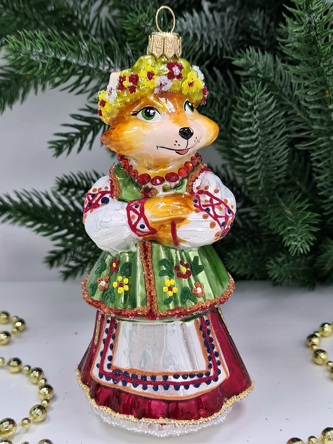 фото Стеклянная елочная игрушка Лиса в веночке