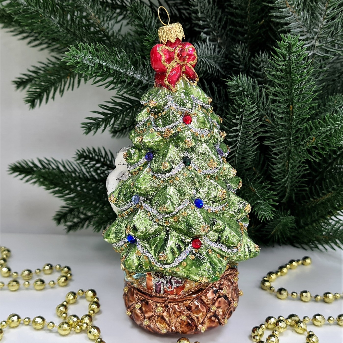 фото Стеклянная елочная игрушка Елка с совой и бантом