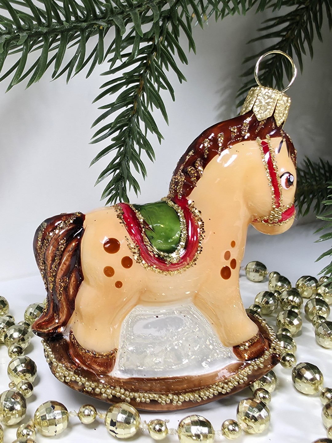 фото Стеклянная елочная игрушка Лошадка качалка малая
