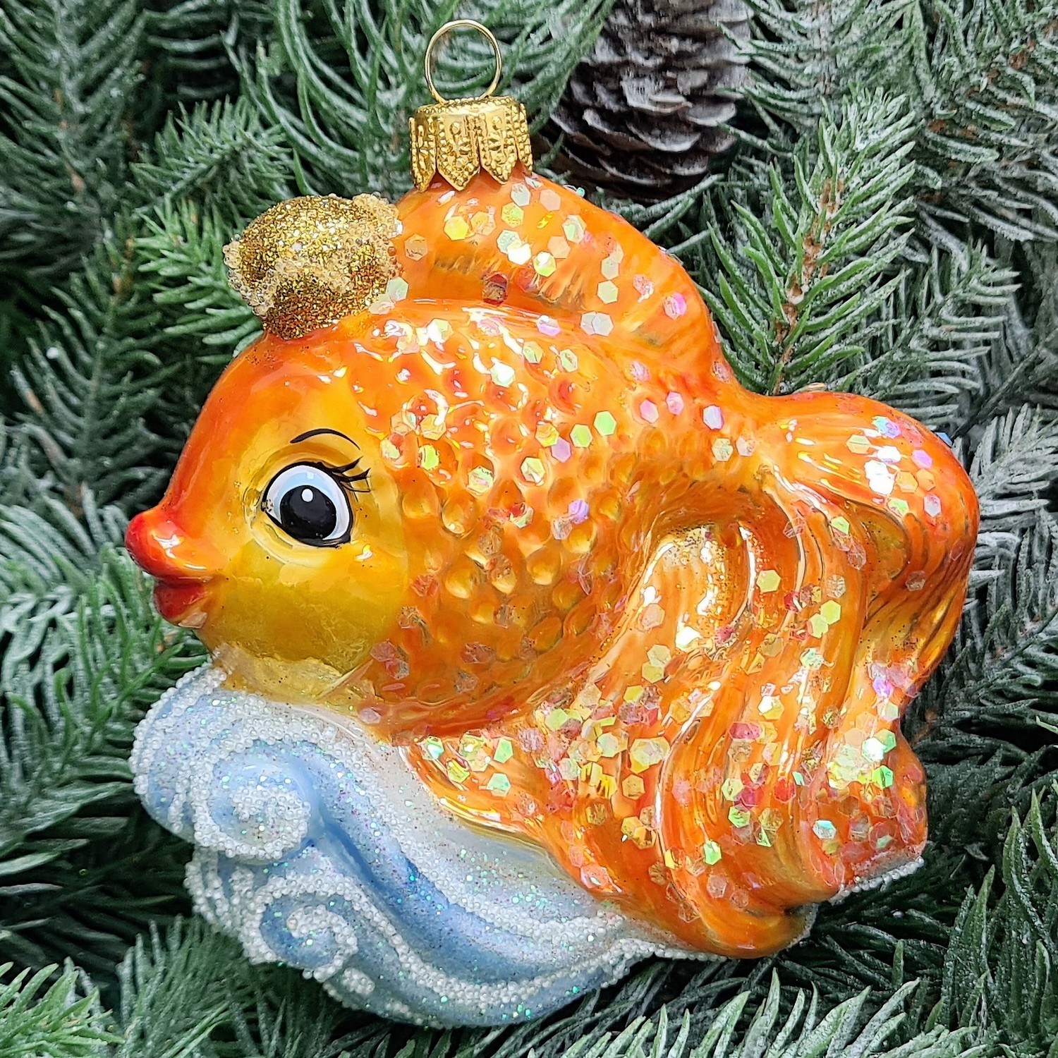 фото Стеклянная елочная игрушка Золотая рыбка