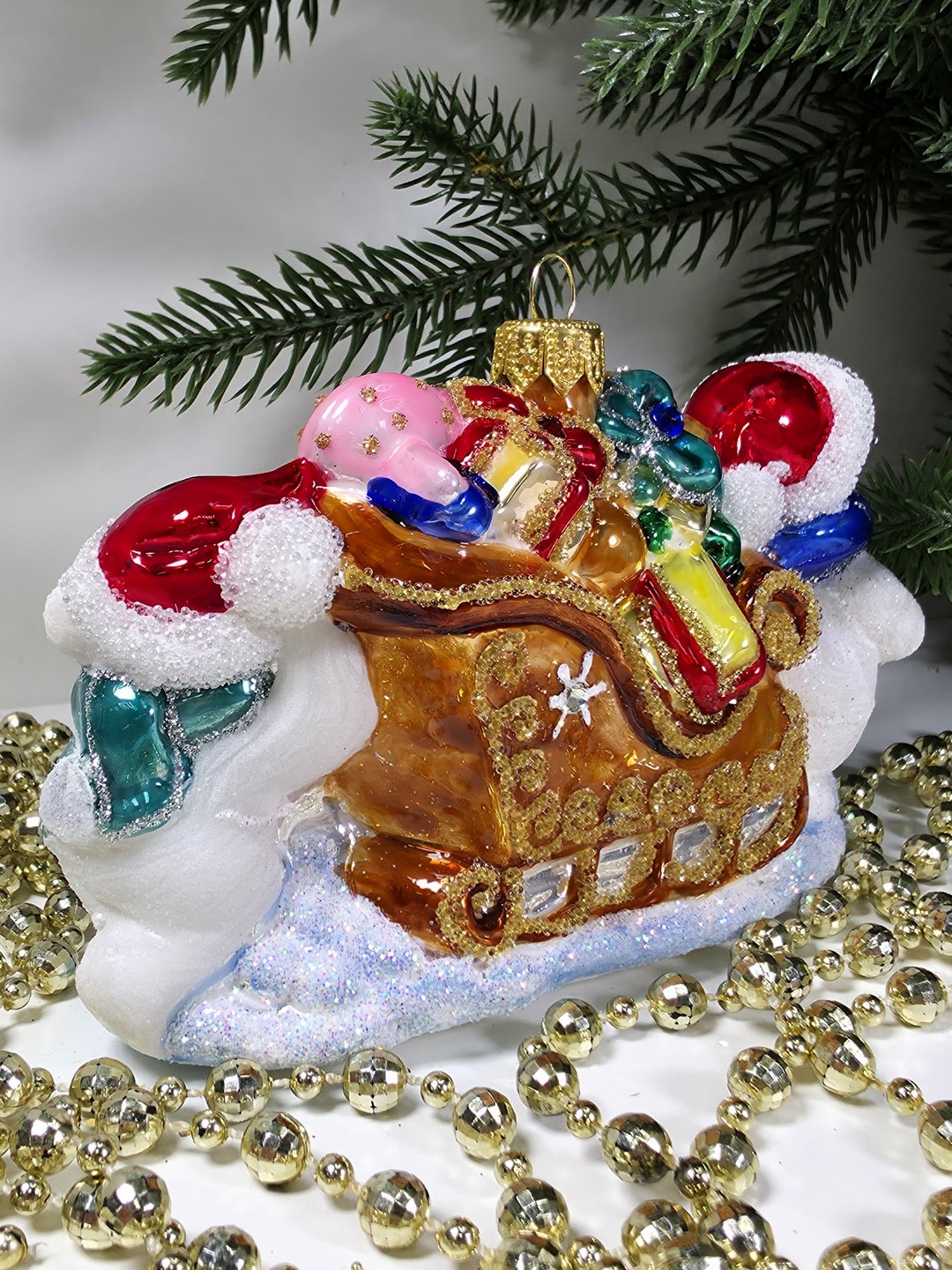 фото Стеклянная елочная игрушка Мишки тянут саночки