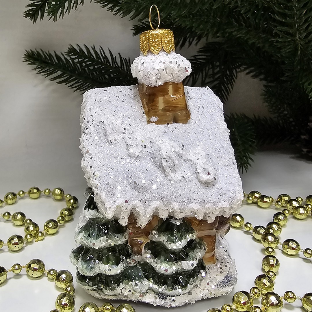 фото Стеклянная елочная игрушка Домик с олененком