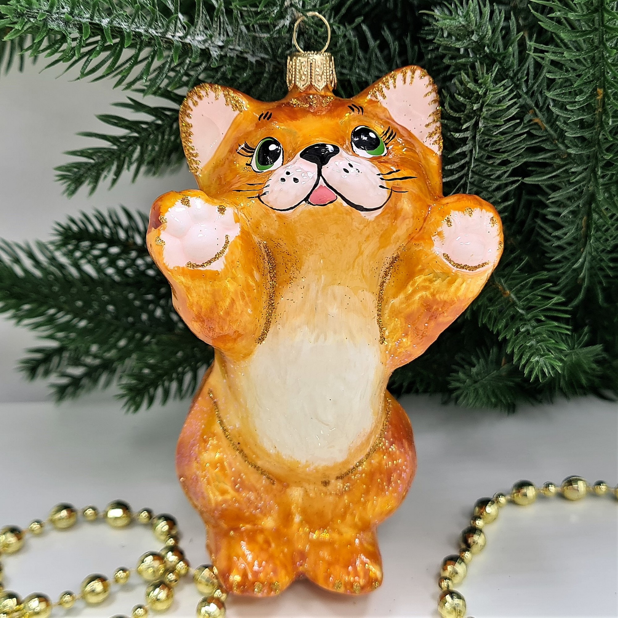 фото Стеклянная елочная игрушка Рыжий котик