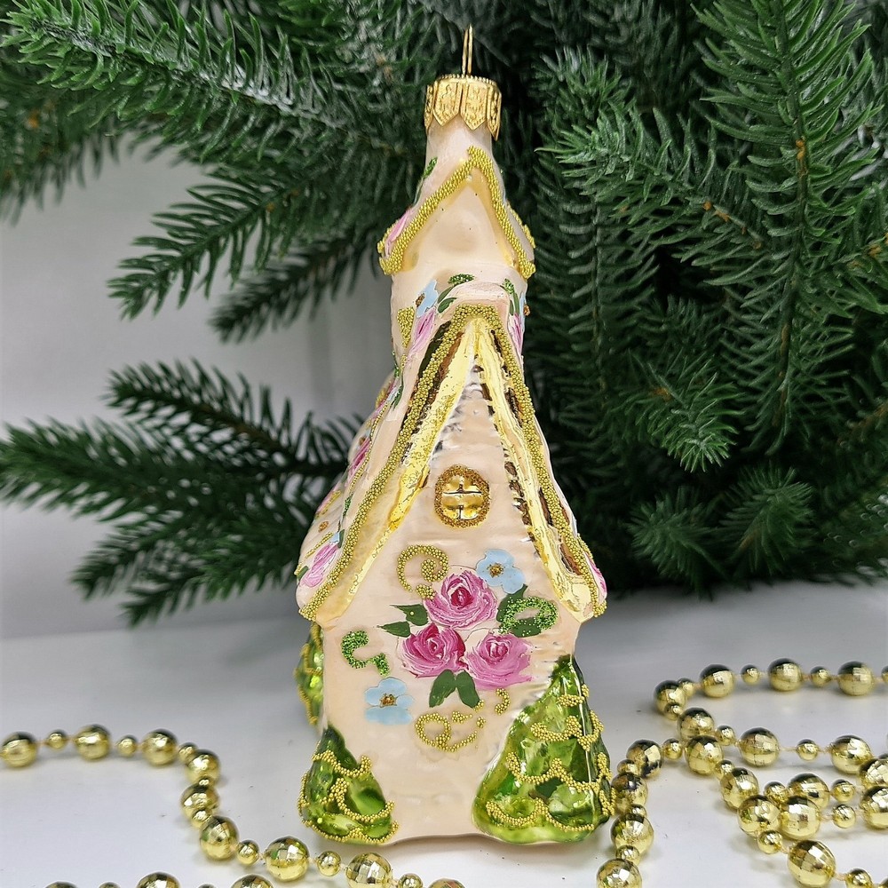 фото Стеклянная елочная игрушка Домик с острой крышей версаль