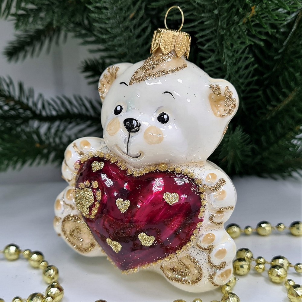 фото Стеклянная елочная игрушка Мишка с сердцем