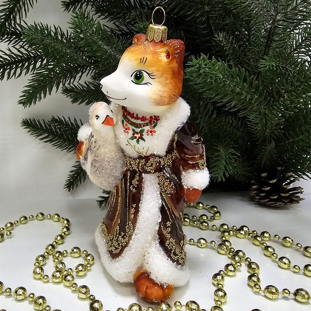 фото Стеклянная елочная игрушка Лиса с гусем