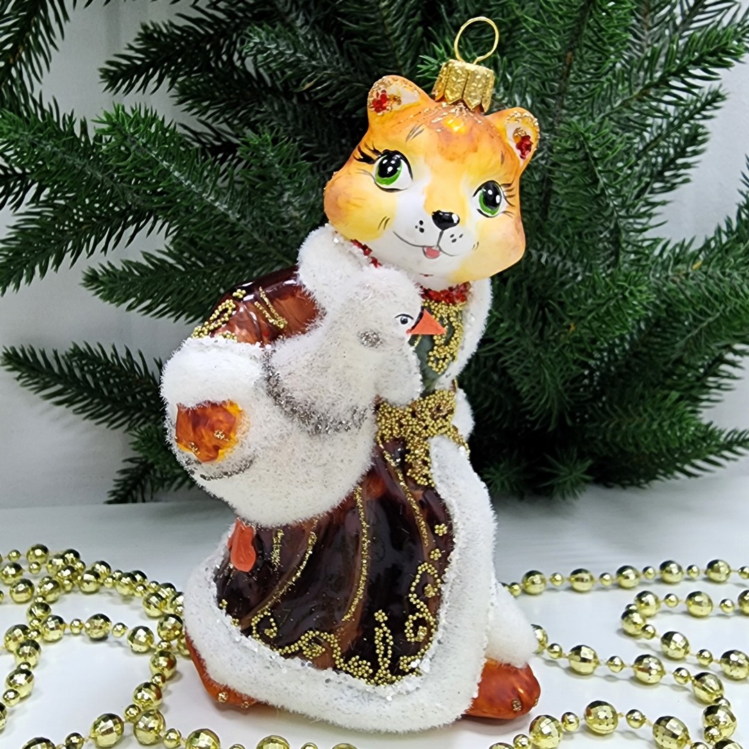 фото Стеклянная елочная игрушка Лиса с гусем