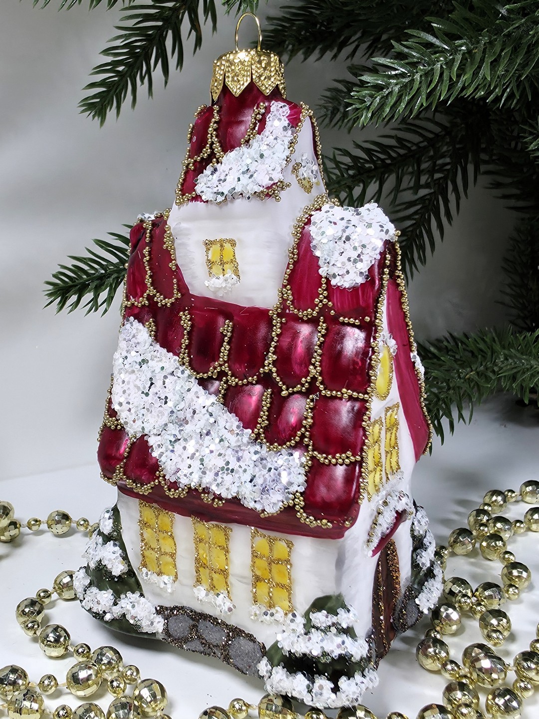 фото Стеклянная елочная игрушка Домик с острой крышей