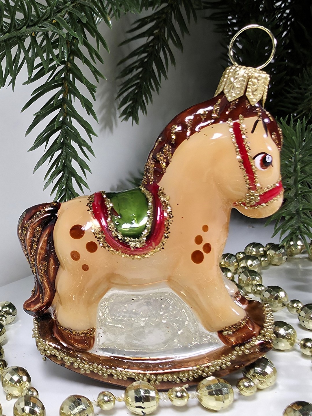 фото Стеклянная елочная игрушка Лошадка качалка малая