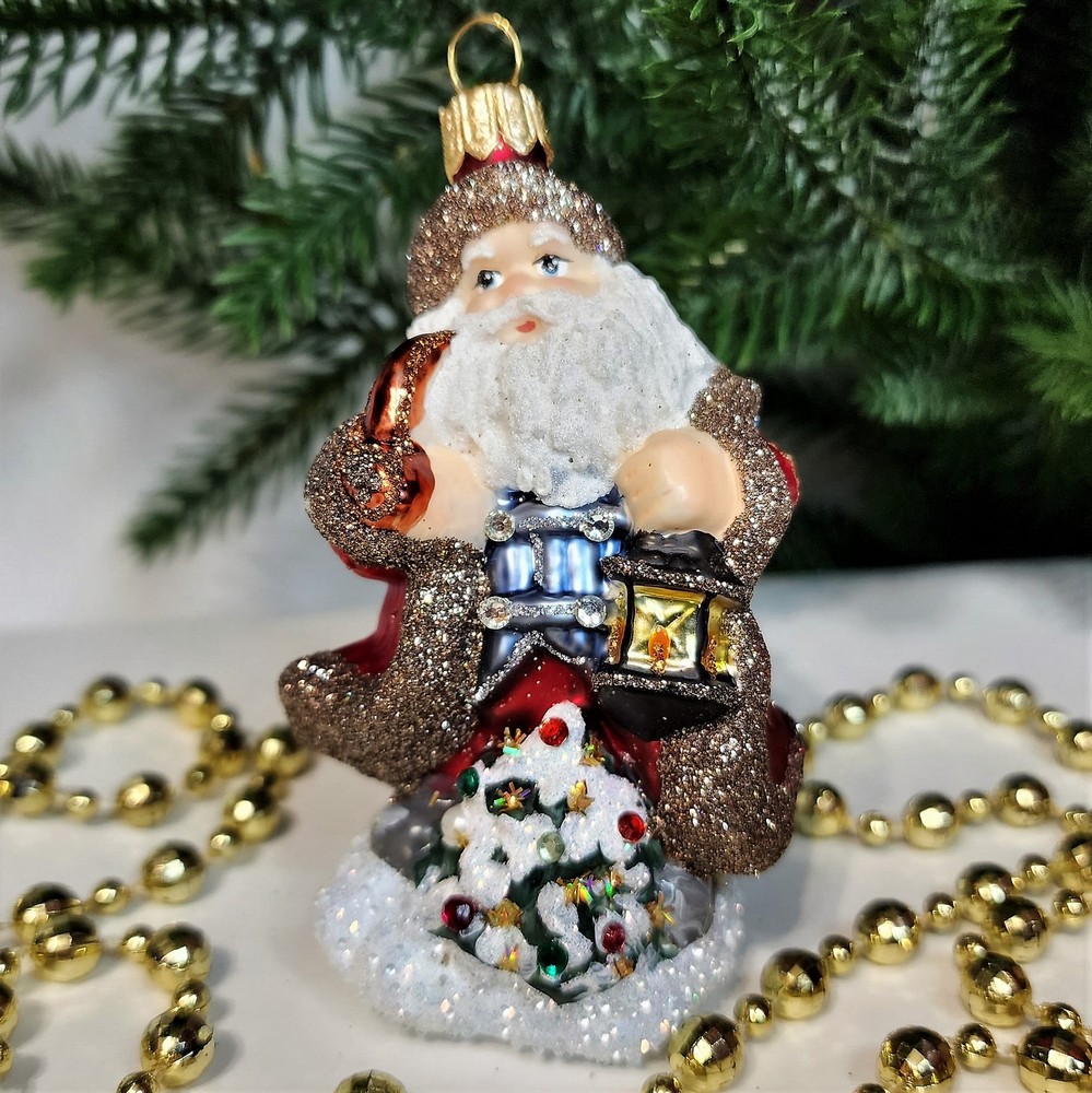 фото Стеклянная елочная игрушка Дед Мороз с фонарем царский
